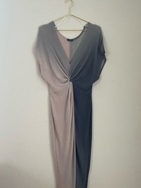 Shimmery Lovely Day Two-Tone Knot-Front Midi Dress in Taupe and Charcoal